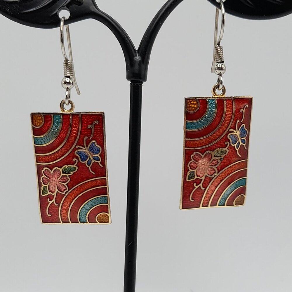 Vintage Cloisonne Floral Drop Earrings, Red Green Enamel, 1 7/8 Inches